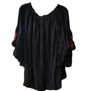 Feathers Womans Black Rayon Blouse with Floral Embroidered Sleeves Size Large
